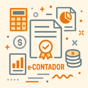 Certificado digital e-Contador representado por ícones relacionados à contabilidade, como calculadora, gráficos, moedas e documento certificado.