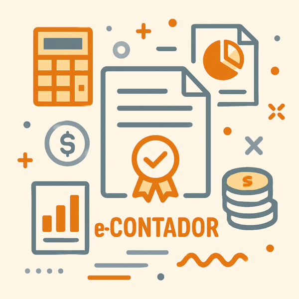 Certificado digital e-Contador representado por ícones relacionados à contabilidade, como calculadora, gráficos, moedas e documento certificado.