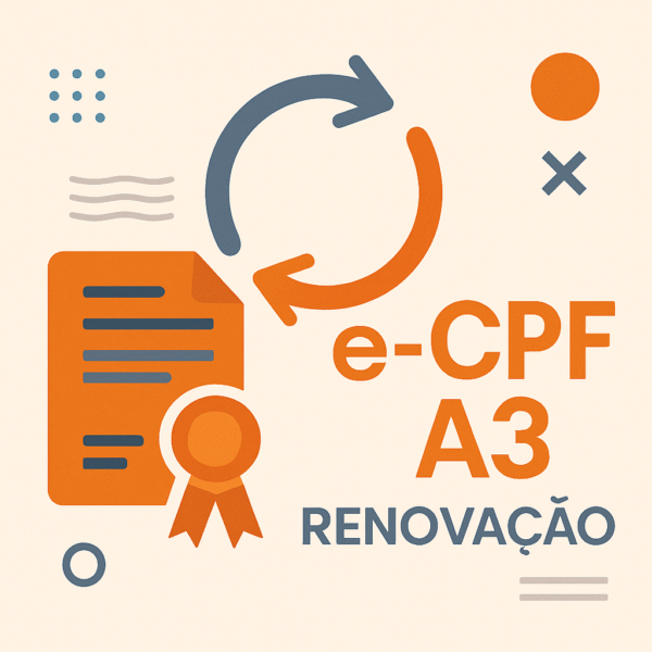 Renovação do certificado digital e-CPF A3, representada por ícones de certificado, setas circulares e elementos gráficos modernos.